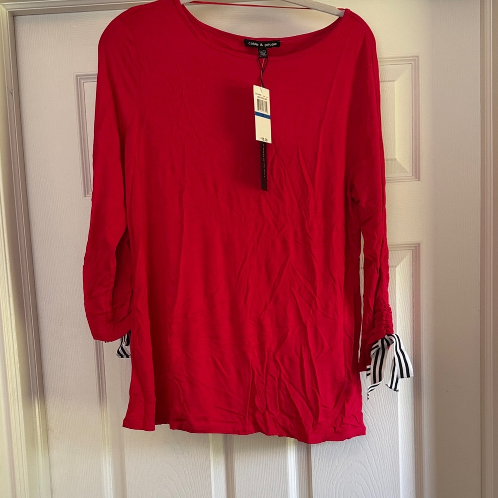 Cable and Guage 3/4 Ruched Sleeves Hot Pink/Red Blouse with Striped Ties